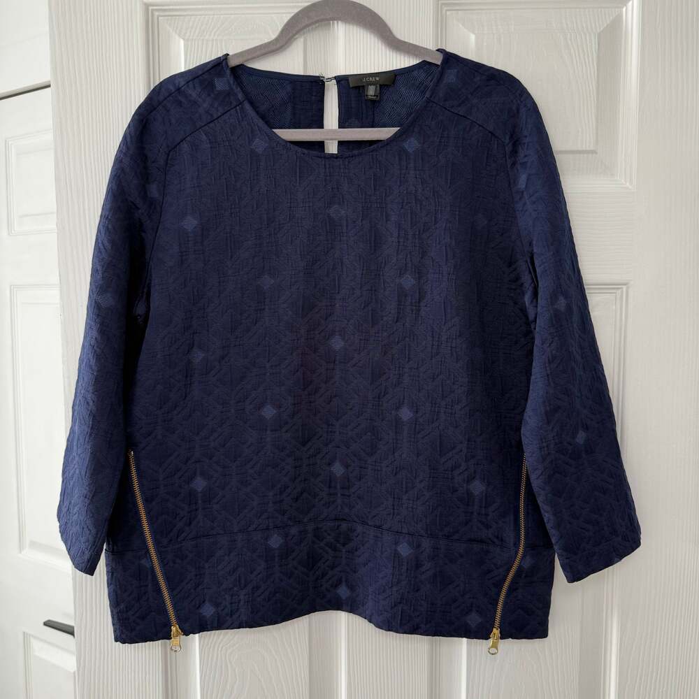J.Crew Women's Blue Navy Matelasse Jacquard Side Zip Top Size 8